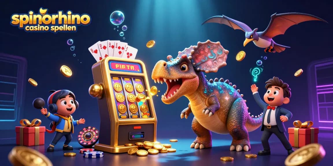 Geniet van spinorhino casino spellen met een dinosaurusscène vol gouden munten en spannende actie.