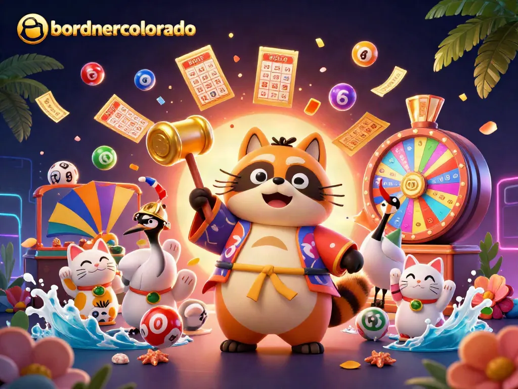 Engage in fun games at bordnercolorado with dynamic colorful lottery elements featuring cheerful tanuki and cats.