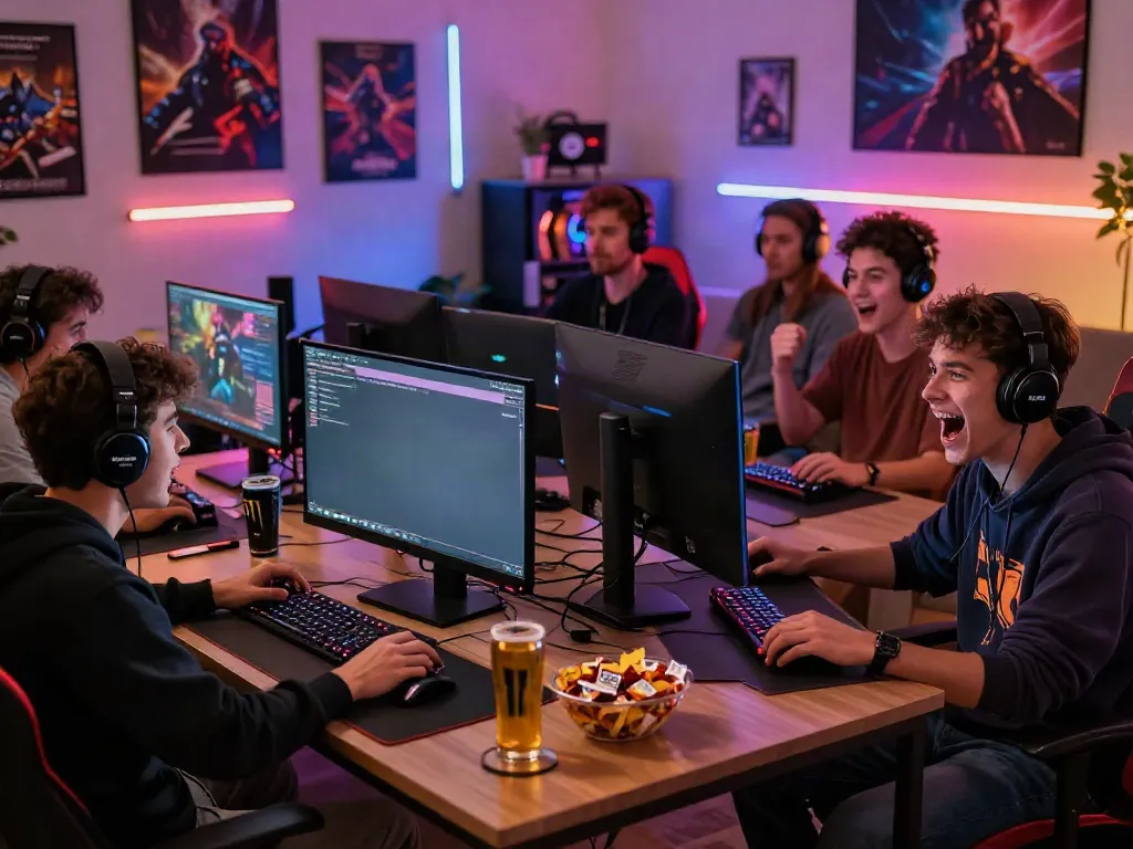 Group of gamers enjoying online gaming at home, highlighting the vibrant atmosphere of https://manclub1.jp.net/