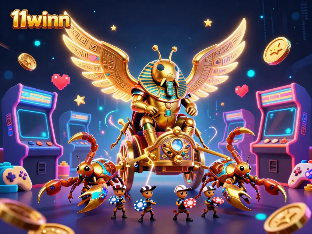 Experience thrilling action at 11winn with a vibrant 3D casino illustration of gaming elements and characters.