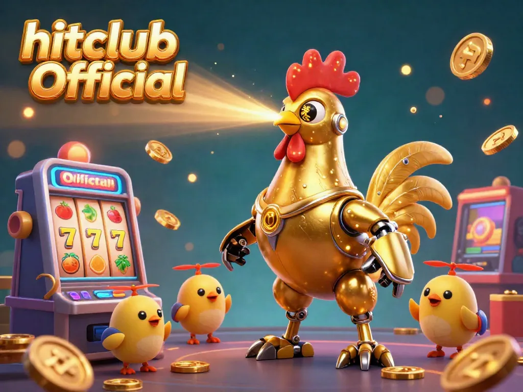 Engage with hitclub Official's vibrant 3D casino scene featuring a golden rooster robot and colorful slot machines.