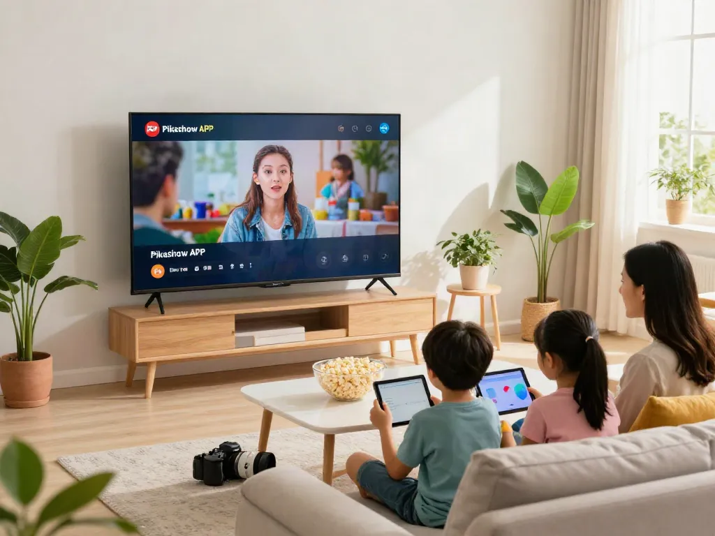 Family enjoying streaming movies with Pikashow APK in a cozy living room.