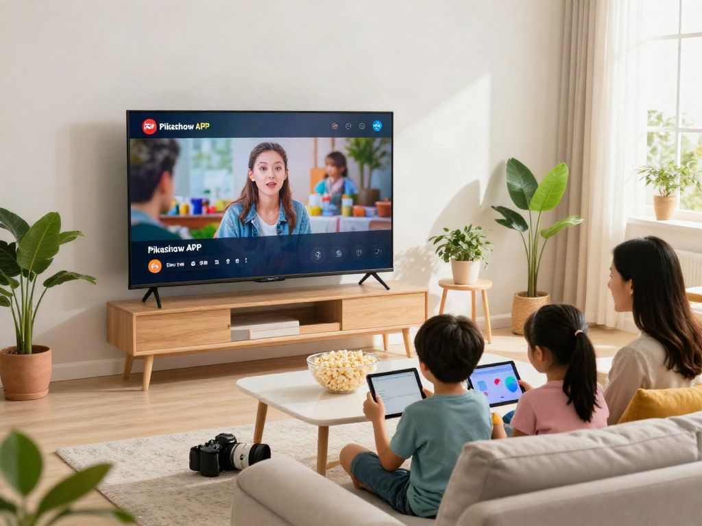 Family enjoying streaming movies with Pikashow APK in a cozy living room.