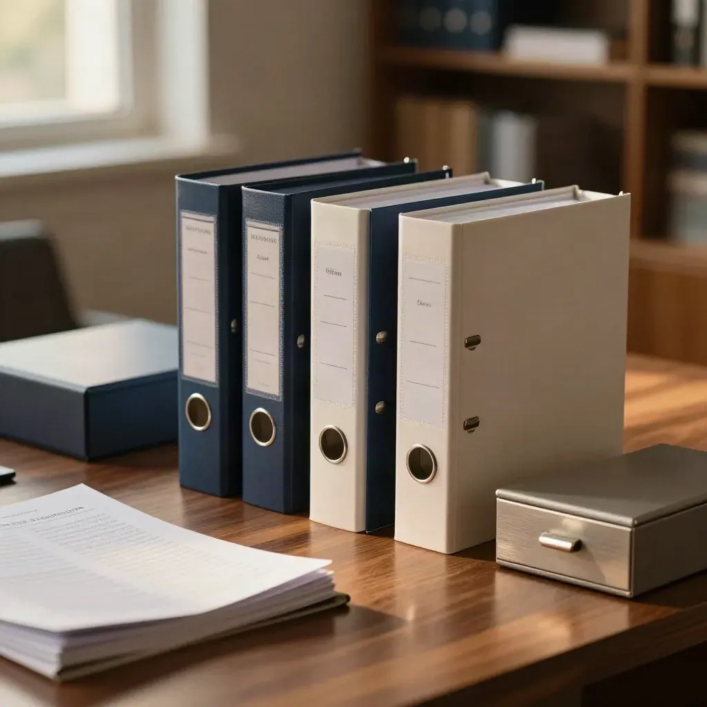 ETF-binders, muntlade en gesloten notebox op een warme tafel in zacht namiddaglicht