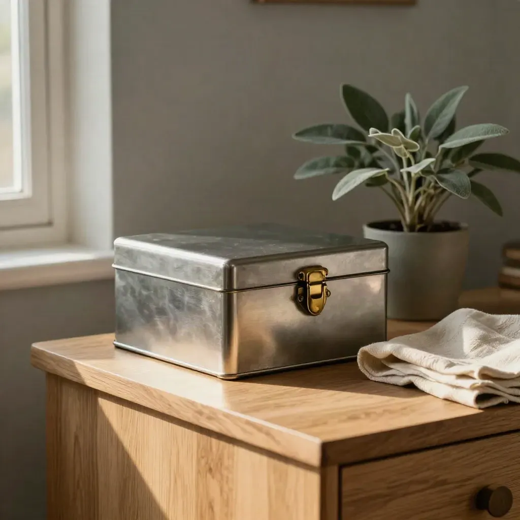 Metalen kasbox met plant en linnen doek op licht houten bureau in zachte vensterlicht.