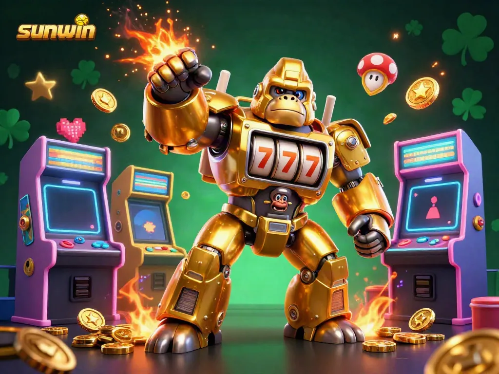 Spin and win with sunwin’s golden gorilla mech, showcasing vibrant gaming elements.