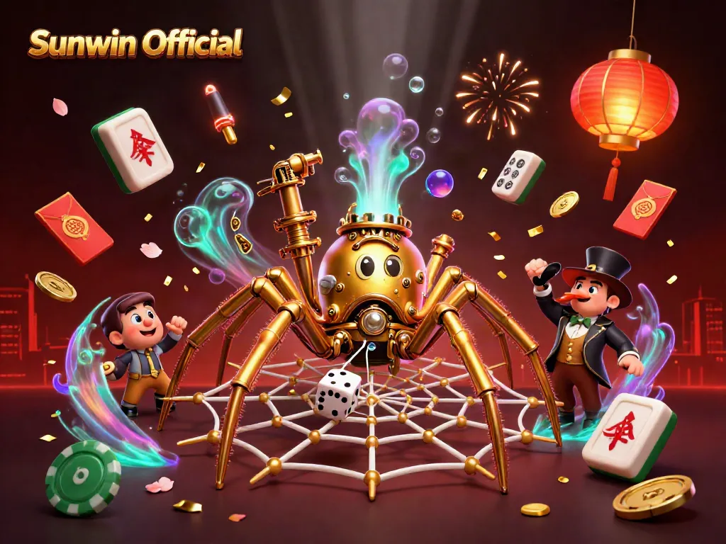 Experience thrilling gameplay with Sunwin Official featuring a steampunk spider amidst vibrant casino elements.