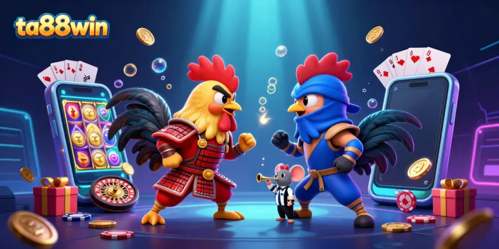 Engage with the thrilling ta88win experience as roosters and vibrant games come alive in this stunning 3D illustration.