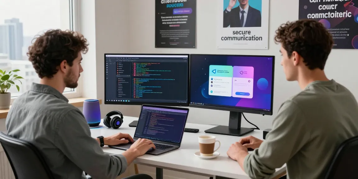 Download Telegram app on multiple screens in a modern tech workspace with vibrant chat interfaces.