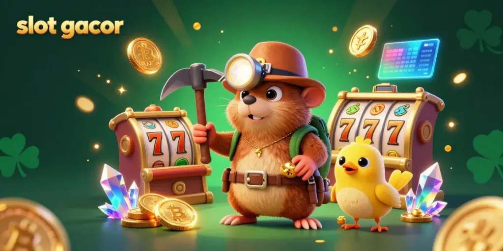Experience slot gacor gameplay surrounded by vibrant casino elements and characters in a detailed 3D scene.