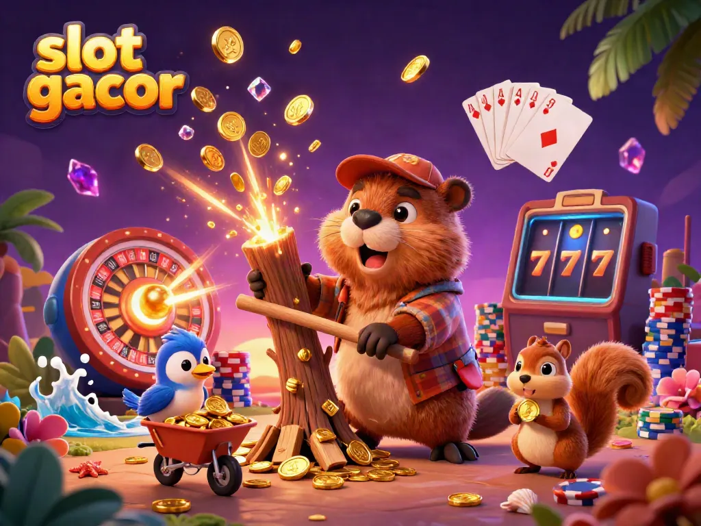 Engage with slot gacor in a dynamic whimsical scene featuring playful characters and casino elements.