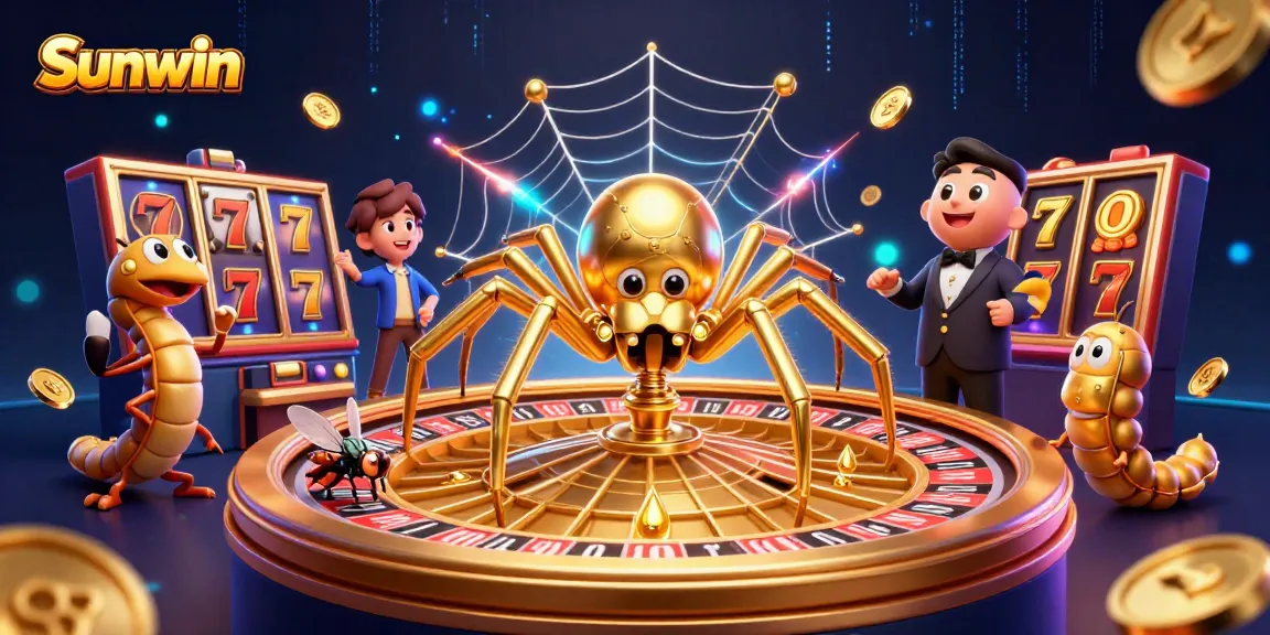 Bet with Sunwin at a vibrant casino, featuring a golden spider and dynamic slot elements.