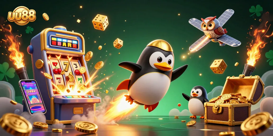 Experience thrilling gameplay at uu88 with a golden penguin blasting toward a jackpot in a vibrant casino universe.