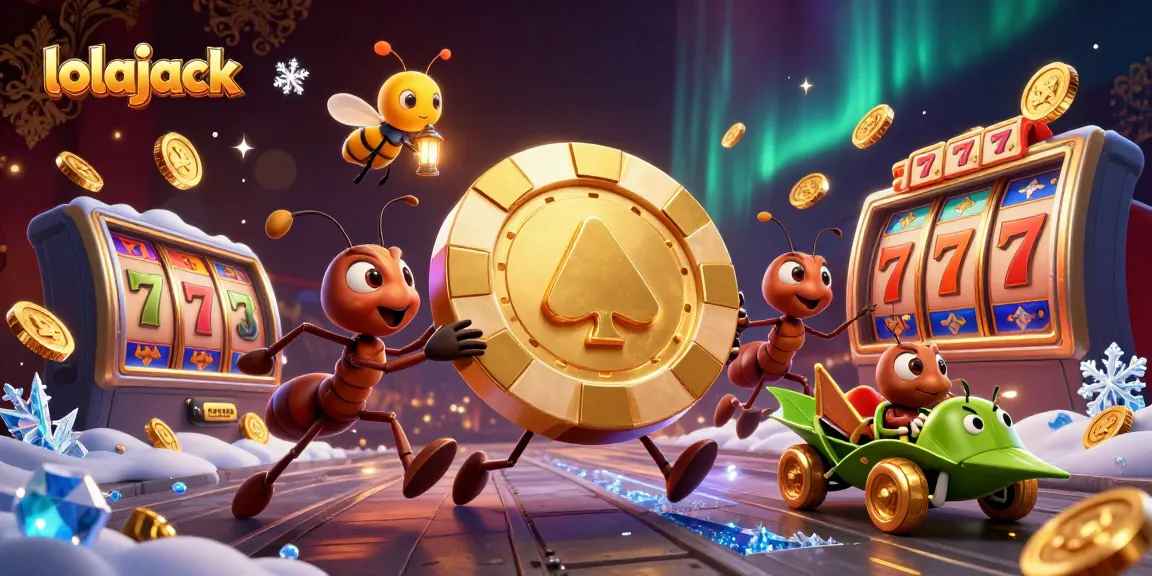 Experience thrilling gameplay at lolajack, where ants carry a giant poker chip in a vibrant casino scene.